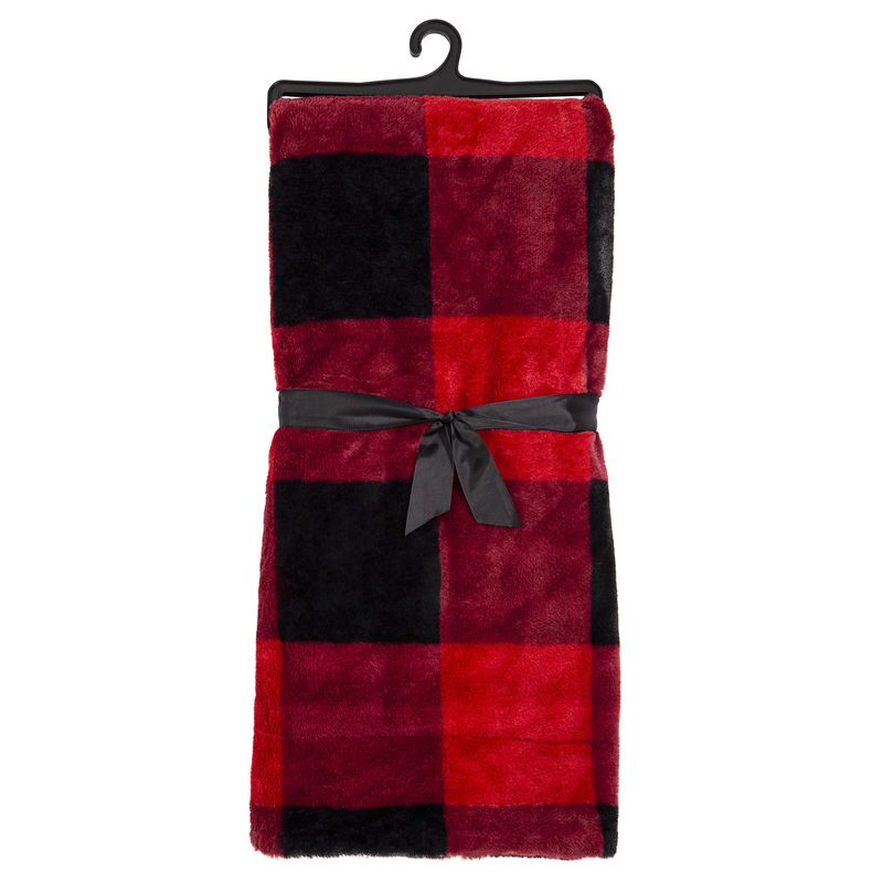 Jeté en Fausse Fourrure Ultra Doux avec Endos en Sherpa - Rouge Buffalo Carreaux
