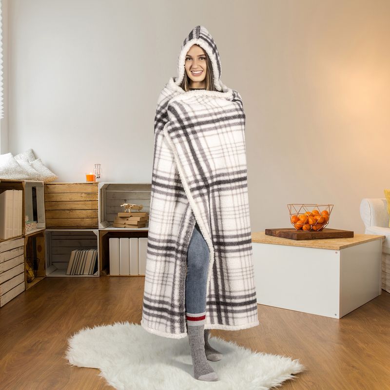 Couverture Jeté à Capuche Hoodzy Ultra Doux en Sherpa Réversible Carreaux Gris