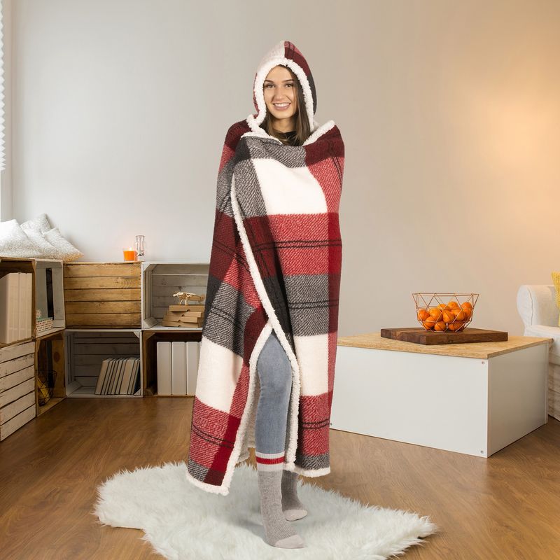 Couverture Jeté à Capuche Hoodzy Ultra Doux en Sherpa Réversible Carreaux d&#39;Hiver