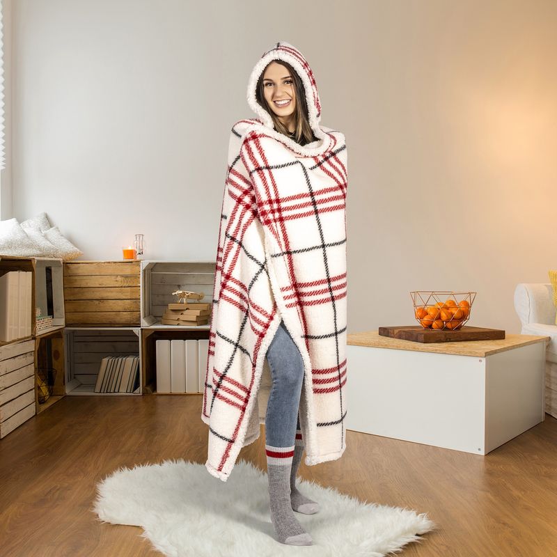 Couverture Jeté à Capuche Hoodzy Ultra Doux en Sherpa Réversible Carreaux Rouges