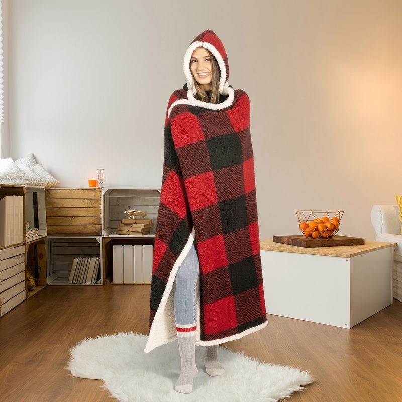 Couverture Jeté à Capuche Hoodzy Ultra Doux en Sherpa Réversible Rouge Buffalo