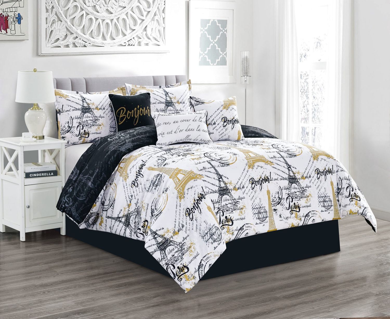 Paris Noir Reversible Comforter Set 7 Pieces, Size: Double