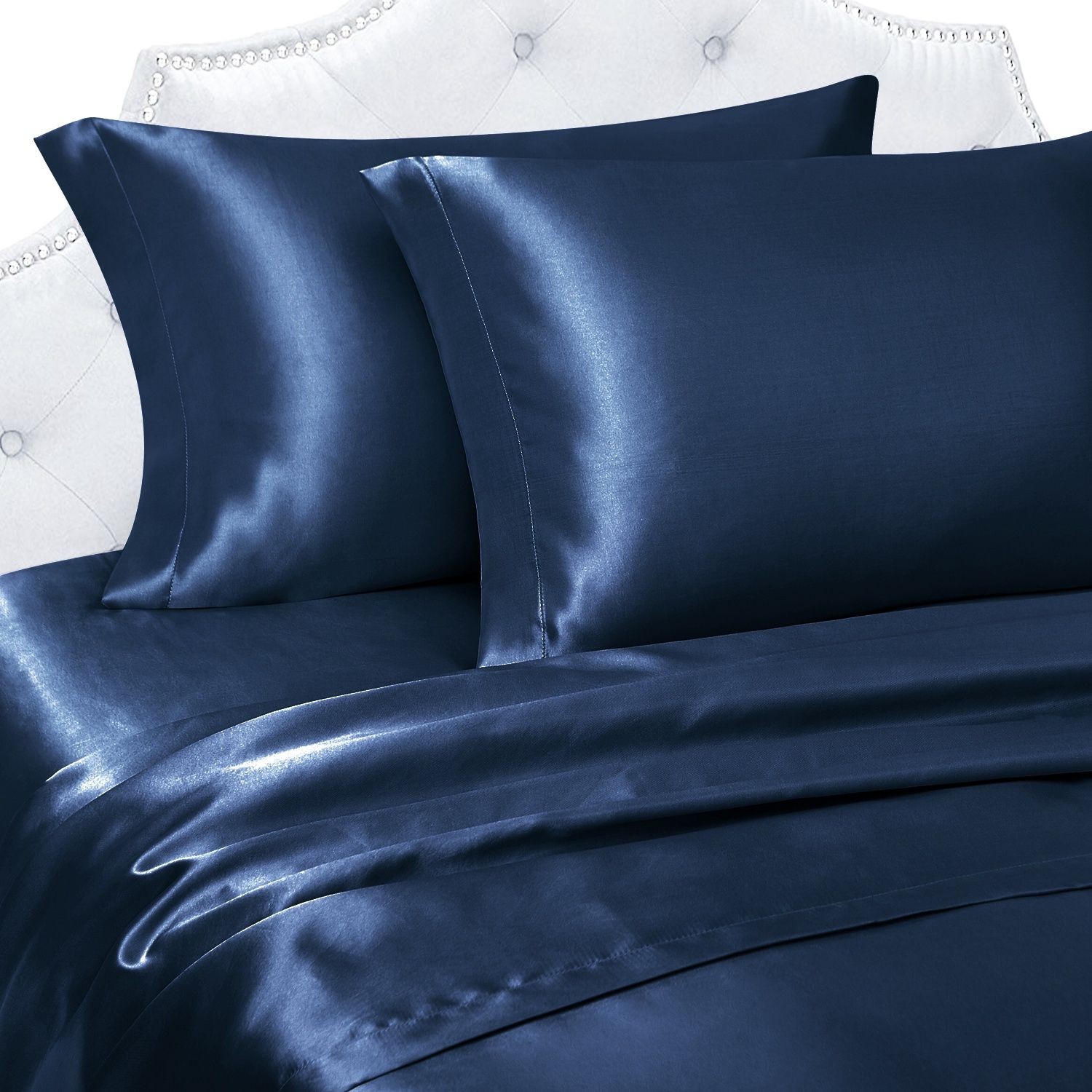 Satin Sheet Set, Color: Bleu marin, Size: Jumeau
