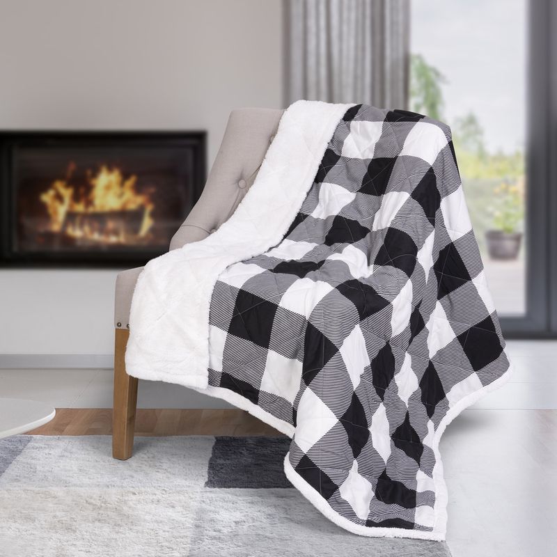 Quilted Throw with Sherpa Backing, 50" x 70" - Black/White Plaid Quilted Throw with Sherpa Backing, 50" x 70" - Black/White Plaid
