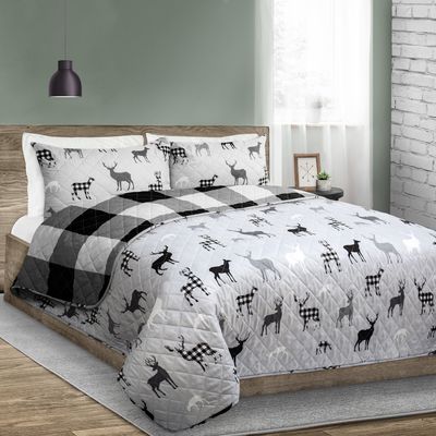 Reversible 3-Piece Quilt Set - Grey Deer