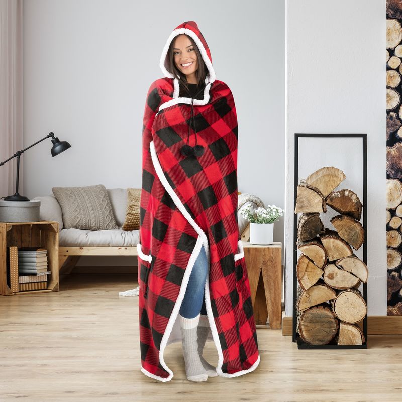 Ultra Soft Reversible Sherpa Hooded Throw Blanket Hoodzy - Red and Black Ultra Soft Reversible Sherpa Hooded Throw Blanket Hoodzy - Red and Black
