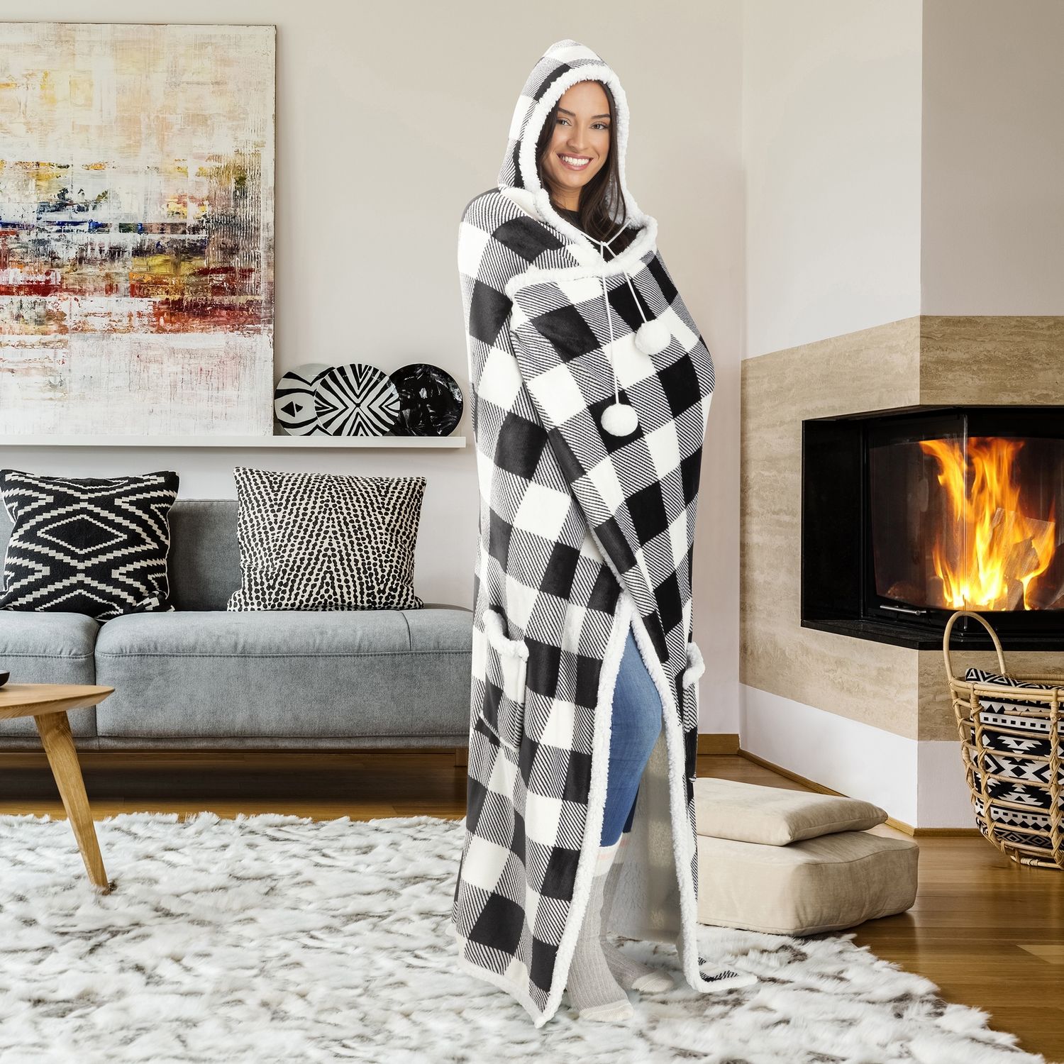Ultra Soft Reversible Sherpa Hooded Throw Blanket - Black and White Ultra Soft Reversible Sherpa Hooded Throw Blanket - Black and White