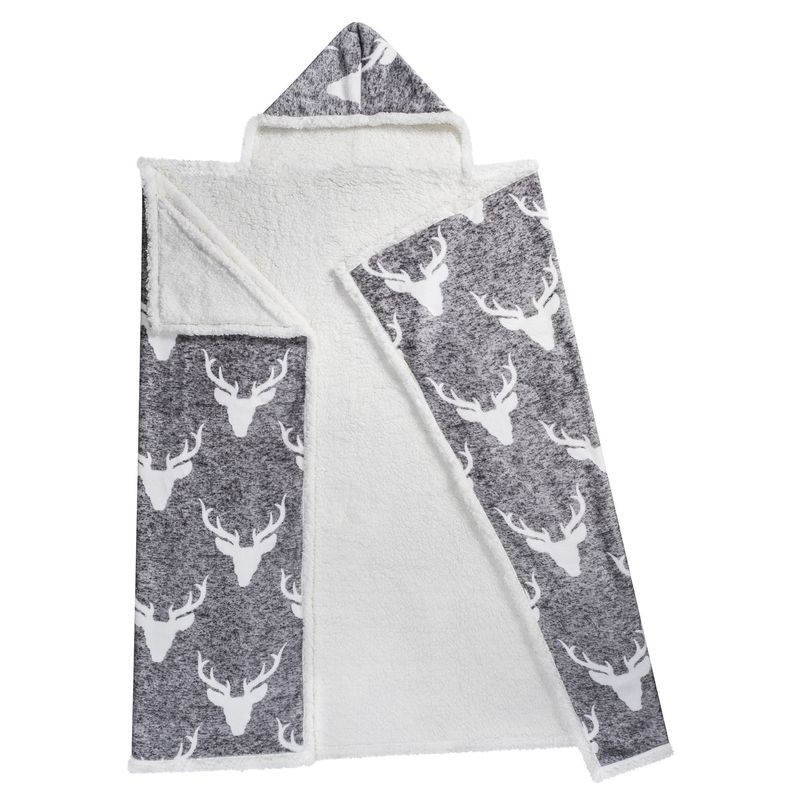 Ultra Soft Reversible Sherpa Hooded Throw Blanket Hoodzy - Grey Deer