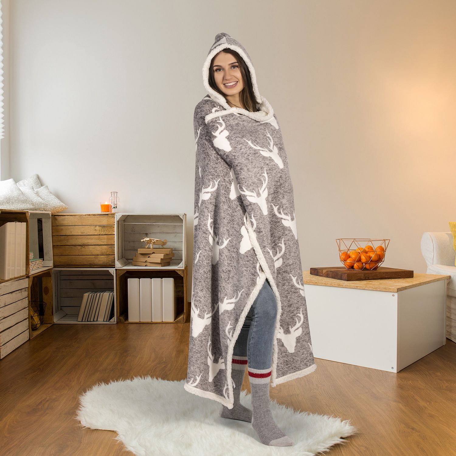 Ultra Soft Reversible Sherpa Hooded Throw Blanket Hoodzy - Grey Deer Ultra Soft Reversible Sherpa Hooded Throw Blanket Hoodzy - Grey Deer