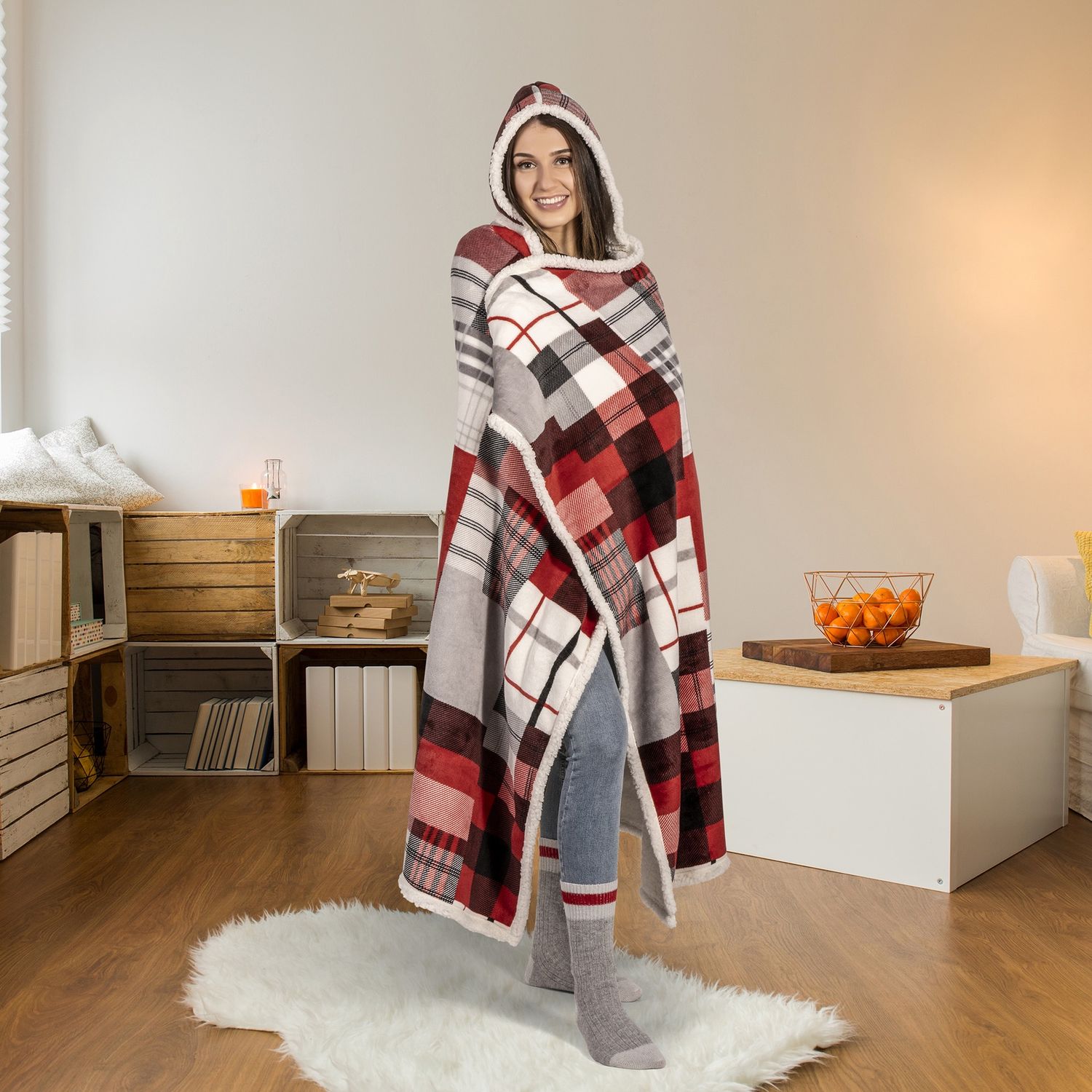 Ultra Soft Reversible Sherpa Hooded Throw Blanket - Plaid Quilt Style Ultra Soft Reversible Sherpa Hooded Throw Blanket - Plaid Quilt Style