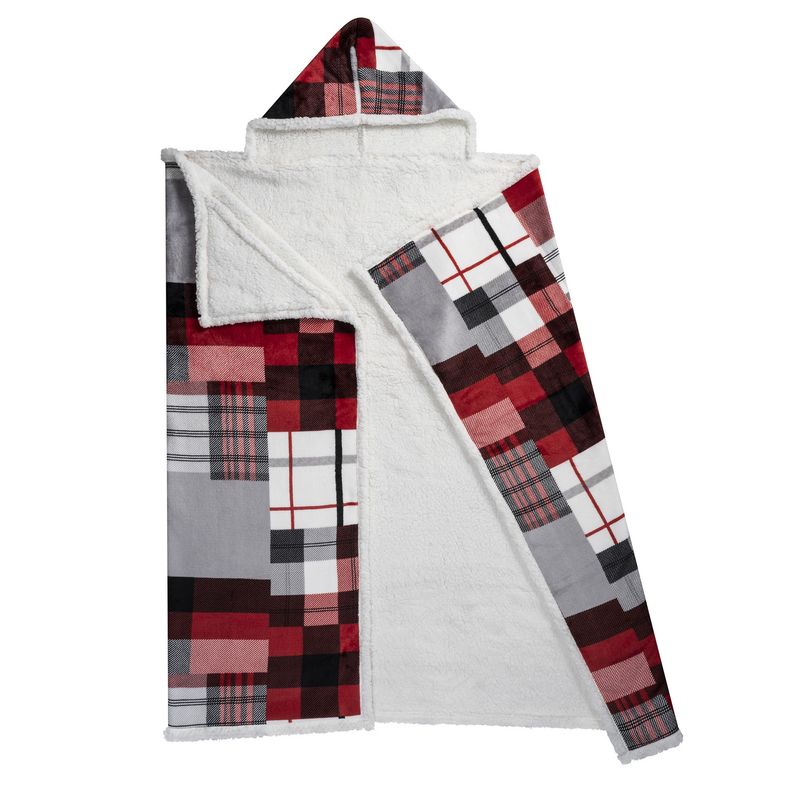 Ultra Soft Reversible Sherpa Hooded Throw Blanket - Plaid Quilt Style