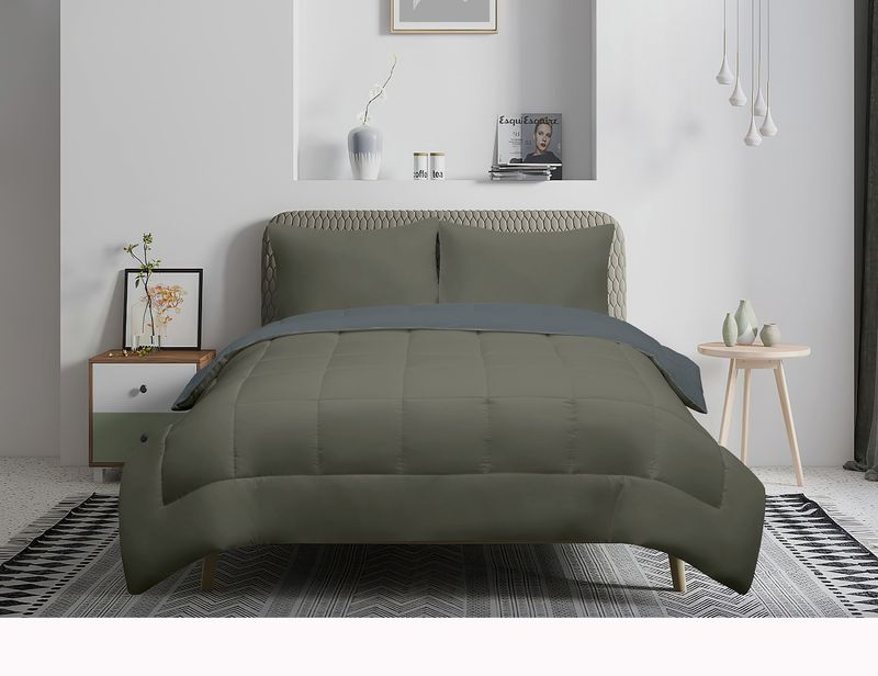 Ensemble De Douillette Unie Réversible Matelassée Carrée -  Bleu/Vert