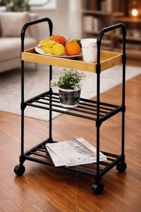 3-Tier Rolling Service Cart with Bamboo Tray