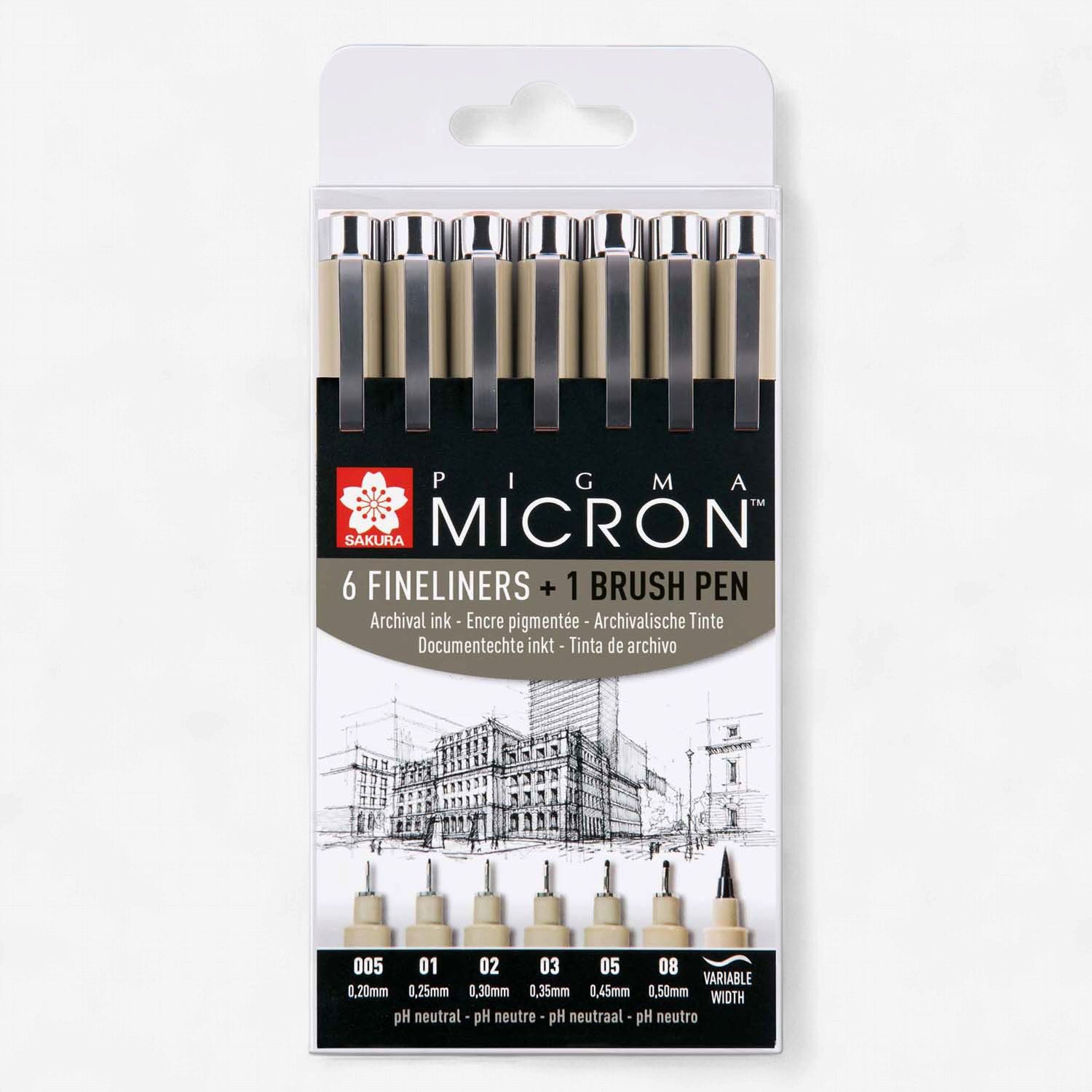 Sakura Pigma Micron Fineliners - 6-Set + Brush Pen