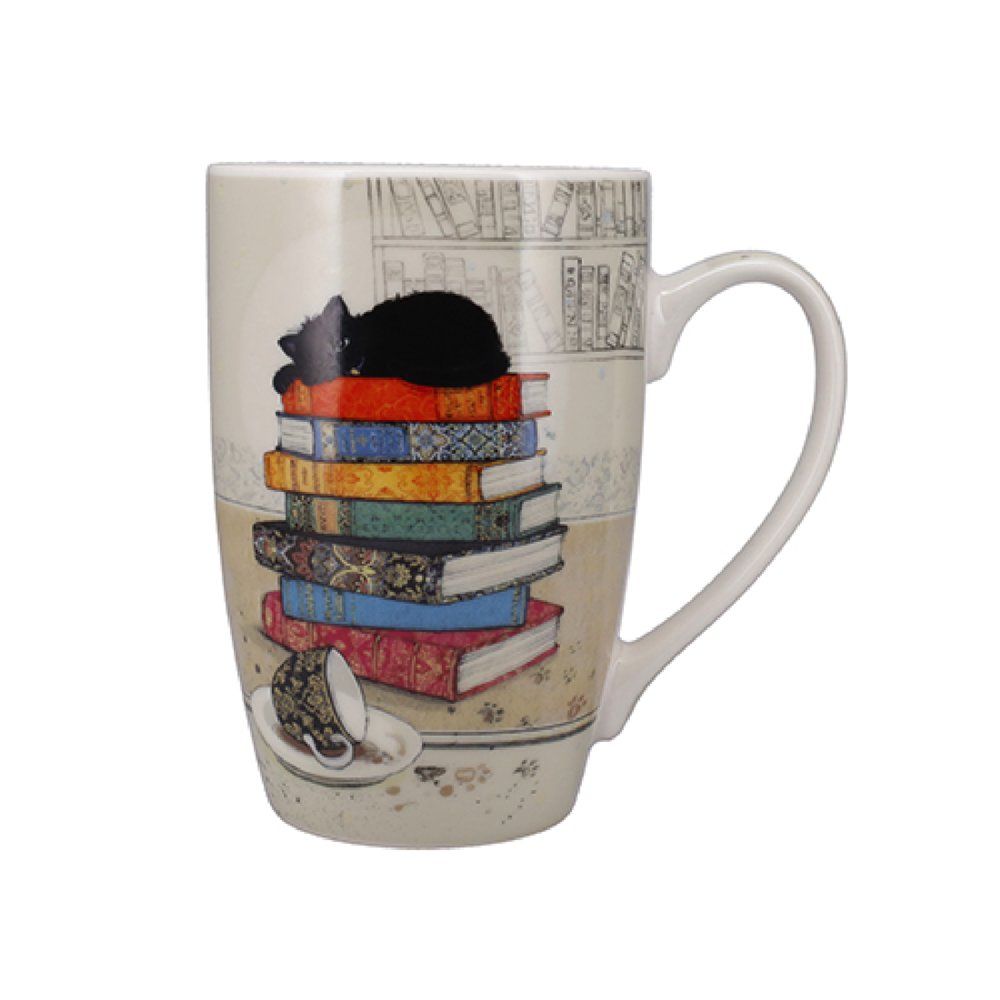 Taza cerámica 490 ml + caja gato con montaña libros