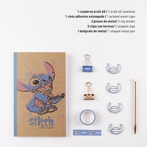 Set papeleria stitch (cuaderno A5 + clips + boligrafo + washi tape)