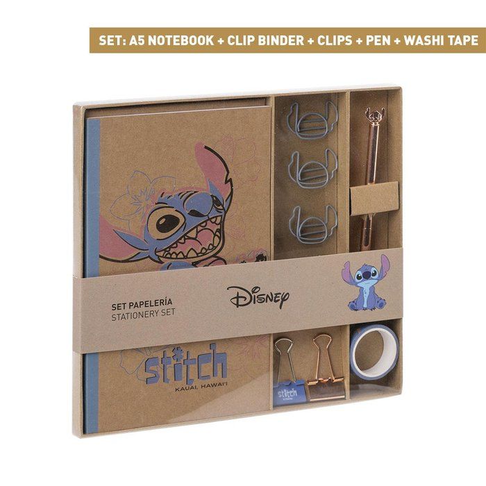 Set papeleria stitch (cuaderno A5 + clips + boligrafo + washi tape)