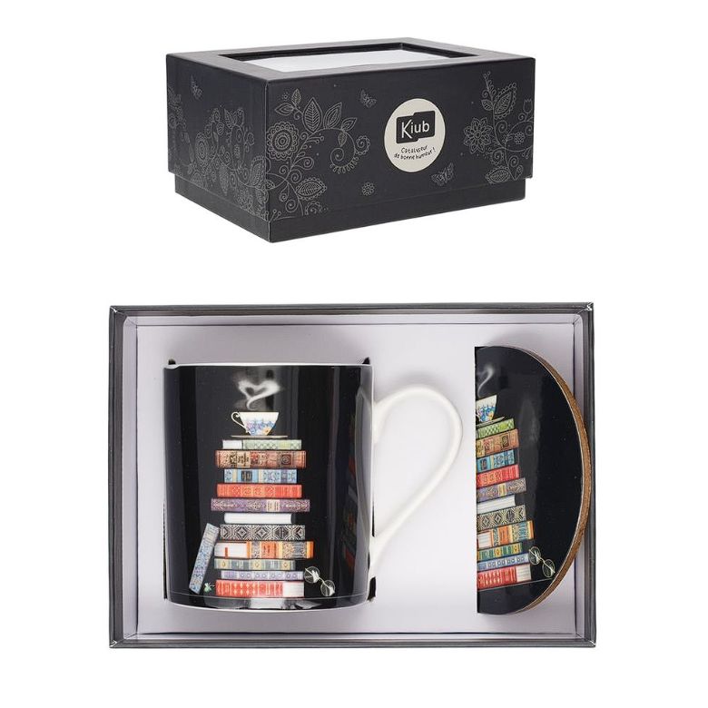 Juego taza + plato café pila de libros + caja
