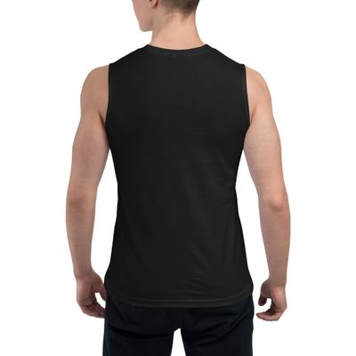 Muscle shirt with a playful dog design and dark humor joke about therapy! A funny, positive shirt for him or her to wear at the gym.