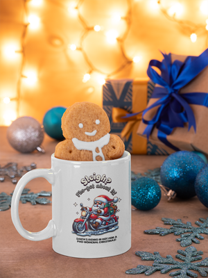 White glossy mug with Santa on a motorcycle, &#39;Sleigh? Pho-get about it!&#39; Unique, funny Christmas gift, perfect for friends &amp; family