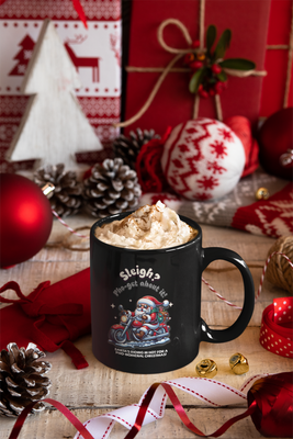 Black glossy mug with Santa on a motorcycle, &#39;Sleigh? Pho-get about it!&#39; Unique, funny Christmas gift, perfect for friends &amp; family.