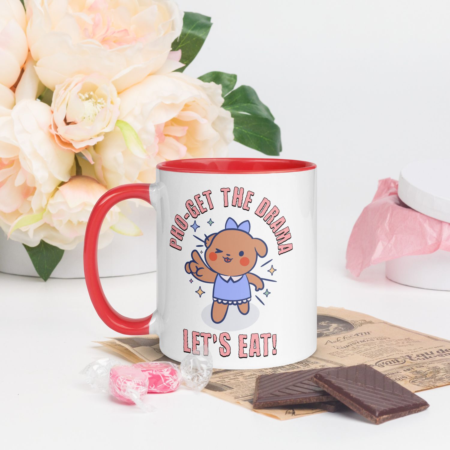 Pink rim coffee mug with 'Pho Get the Drama' design. Perfect gift for friends, family, or yourself. Great for home or office vibes!