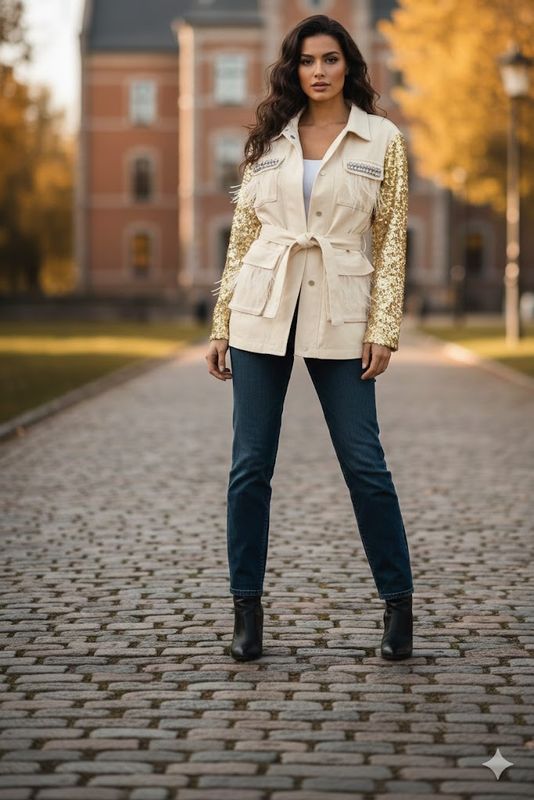 Chaqueta plumas lentejuelas (3 piezas)