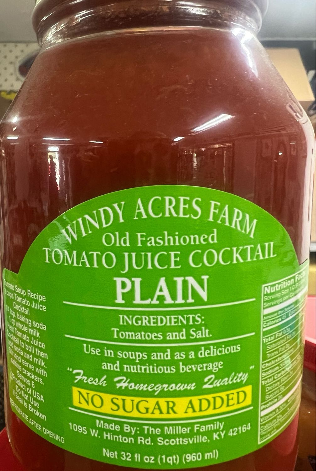 Windy Acres Plain Tomato Juice