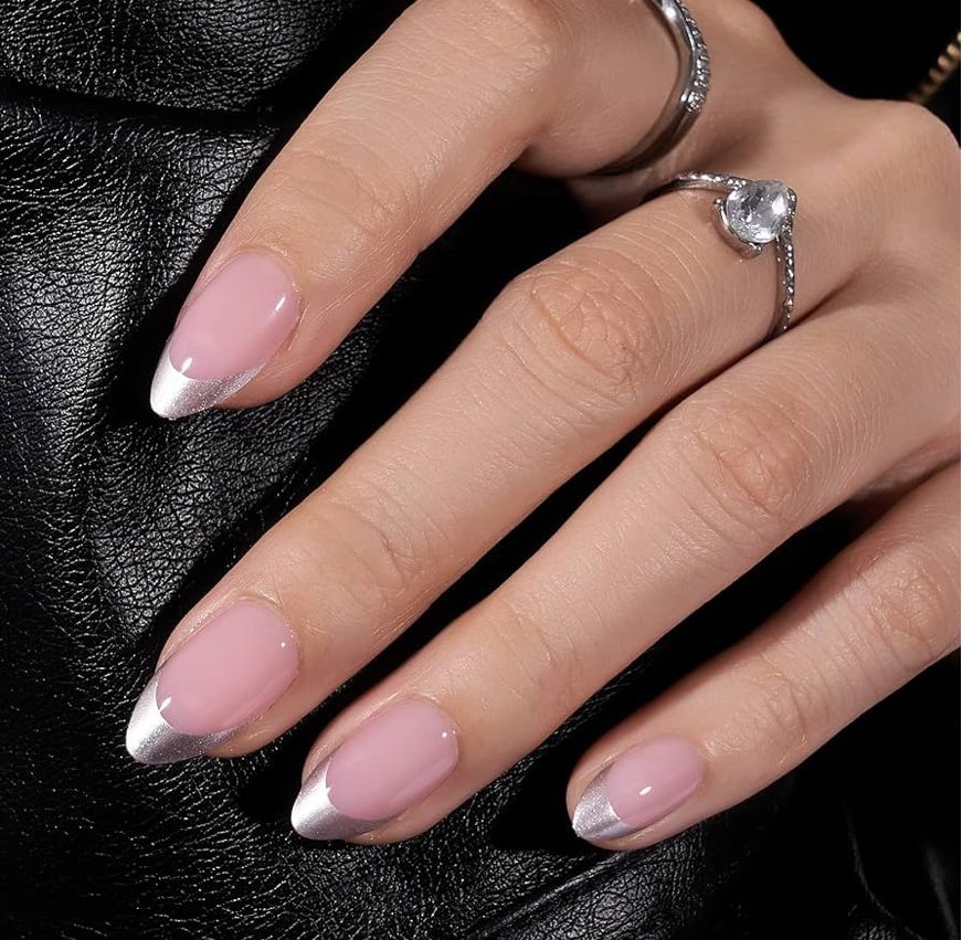 Press On Nails - Chrome Almond French Tips