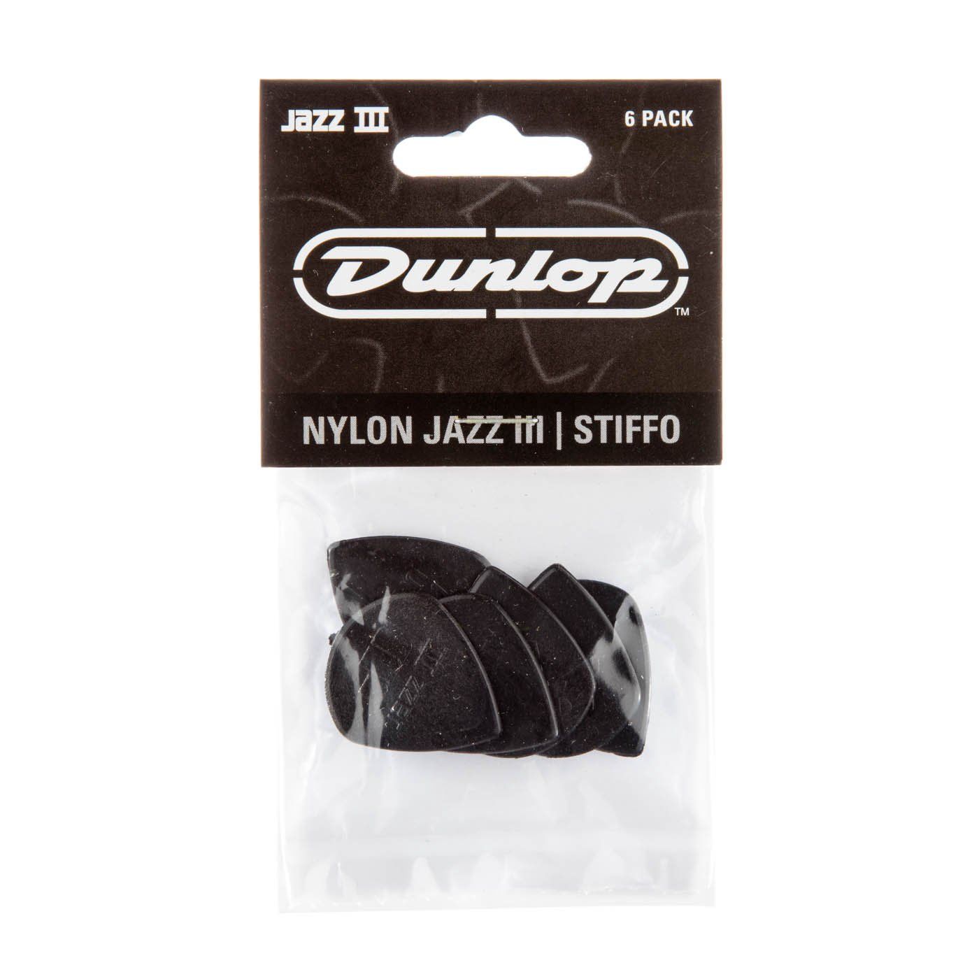 Dunlop 47P3S Nylon Jazz III Guitar Picks - 1.38mm Black Stiffo Point Tip (6-pack)