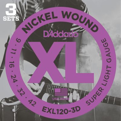 D&#39;Addario EXL120 XL Nickel Wound Electric Guitar Strings - 9-42 Super Light (3-pack)