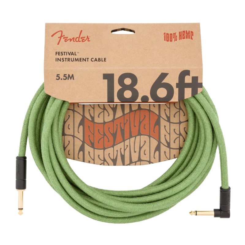 Fender Festival Hemp 18.6&#39; Straight to Right Angle Instrument Cable - Green