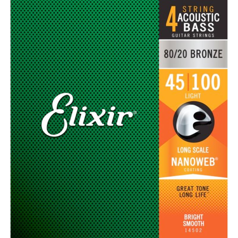 Elixir Strings 14502 Nanoweb 80/20 Acoustic Bass Guitar Strings - .045-.100 Light Long Scale