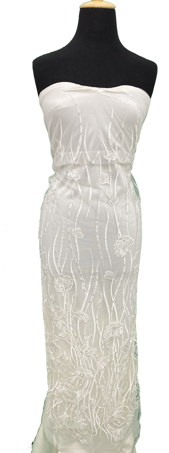 Wedding Dress Fabric [ 19528 ] Tulle Embroidered Beaded/137cm/5g/OFF WHITE per Meter