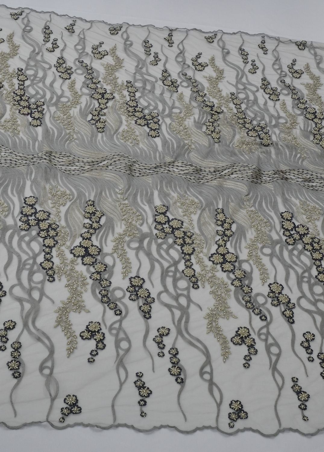 Dress Fabric [ 15880 ] Tulle Embroidered Beaded/130cm/5g/GREY per Meter