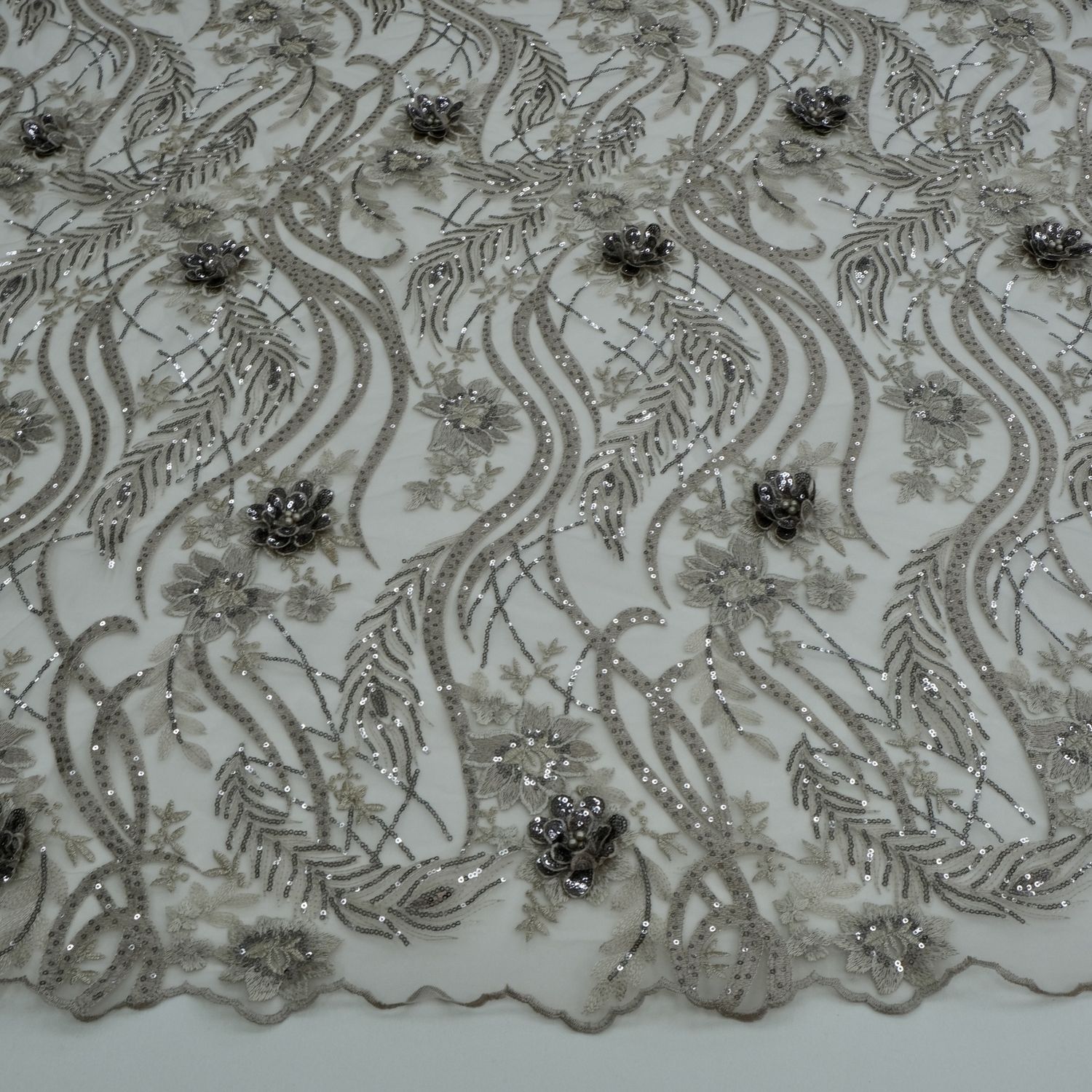 Dress Fabric [ 21100 ] Tulle Embroidered Applique Beaded/137/5g/Taupe per Meter