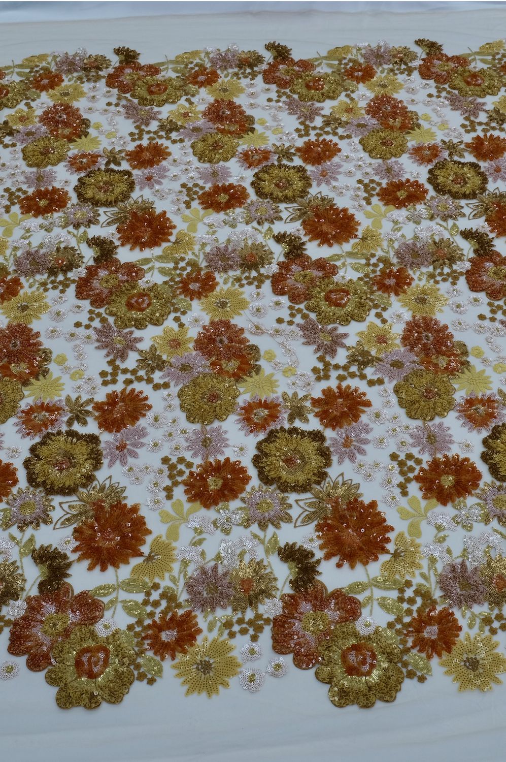 Sequins Dress Fabric [ 25091 ] Tulle Emb Seq-KQ-DSN#2-137-Autumn Orange-03 per Meter