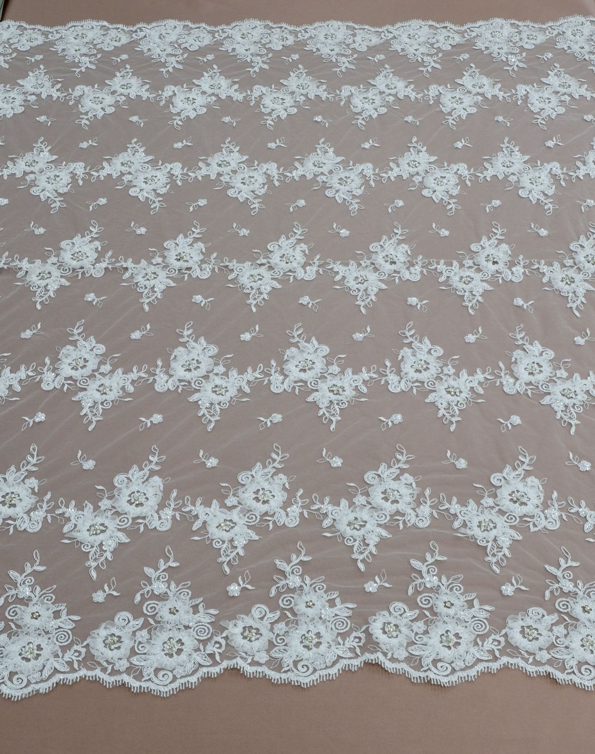 Wedding Dress Fabric [ TUB-ROR12431-02 ] Tulle Emb Beaded 137-WhiteWhiteOrg Ribbo per Meter
