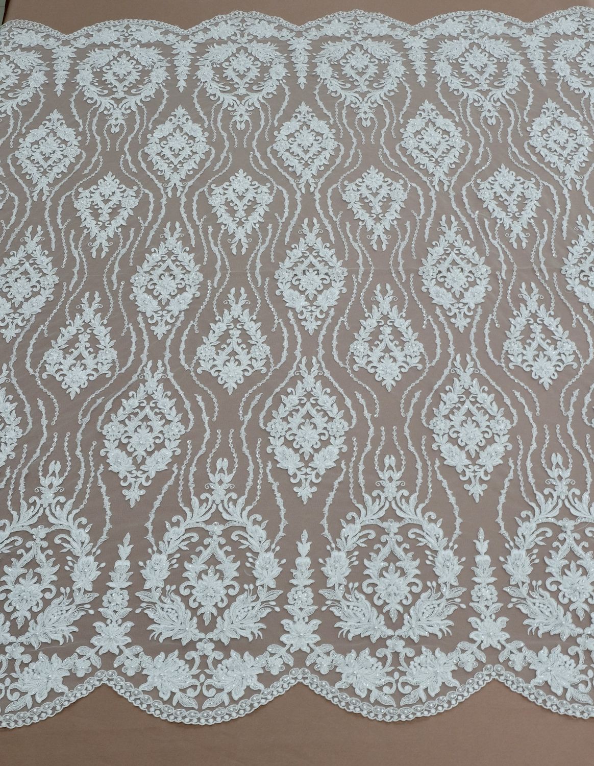 Wedding Dress Fabric [ TEBC-ML-1842-W ] TulleEmbBeadWhiteCord137cm-WHITE per Meter