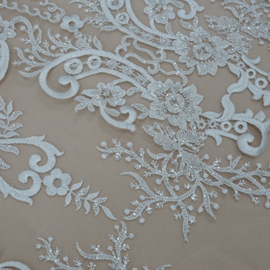 Wedding Dress Fabric Tulle Embroidered Beaded/137cm/5g/WHITE per Meter