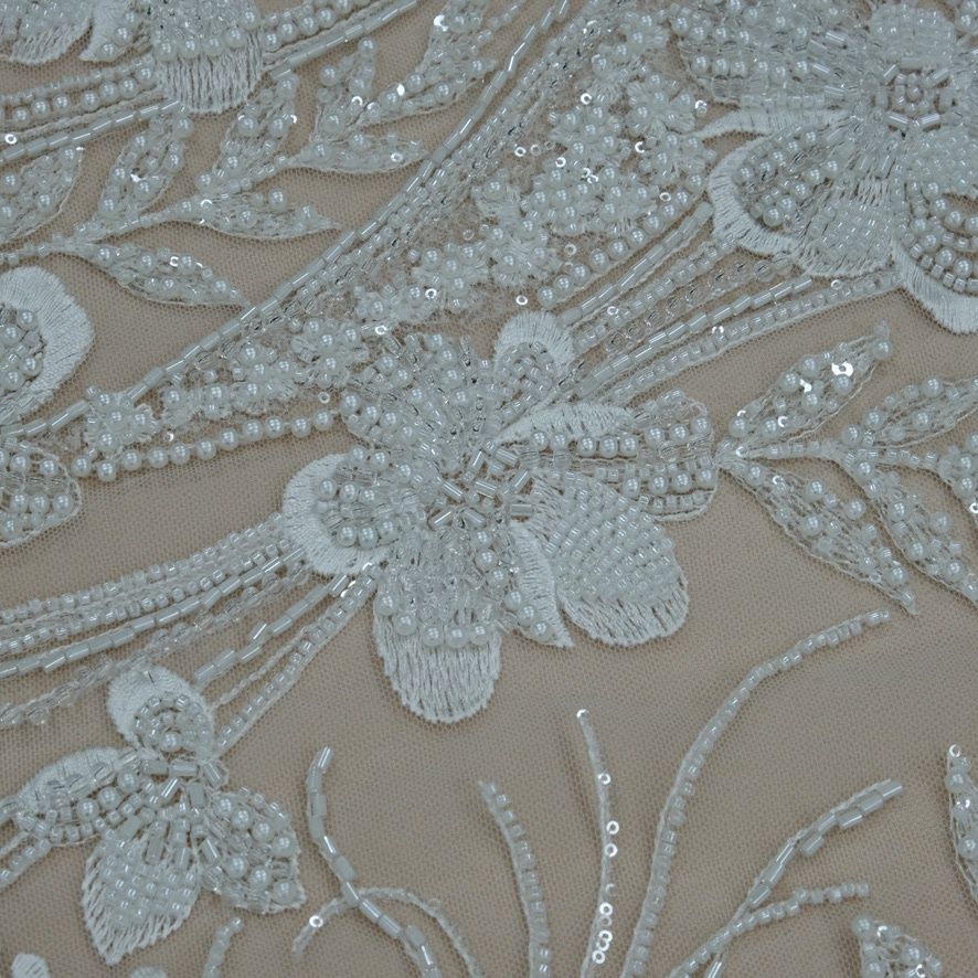 Wedding Dress Fabric [ 25271 ] Tulle Emb Beaded-137-07-Off White per Meter