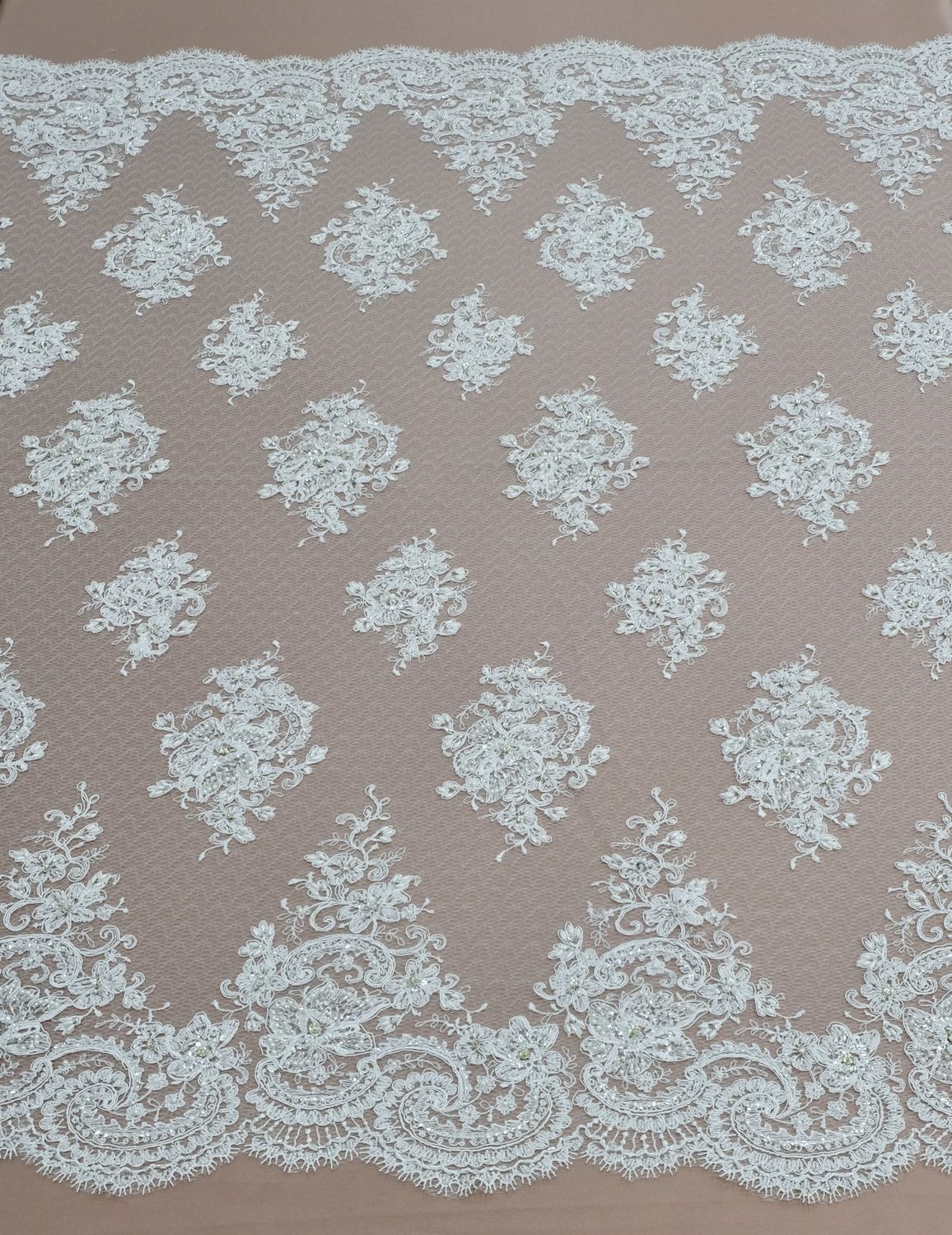 Wedding Dress Fabric [ TUEB-ROR-11624A ] Tulle Beaded -137w- White Cord per Meter
