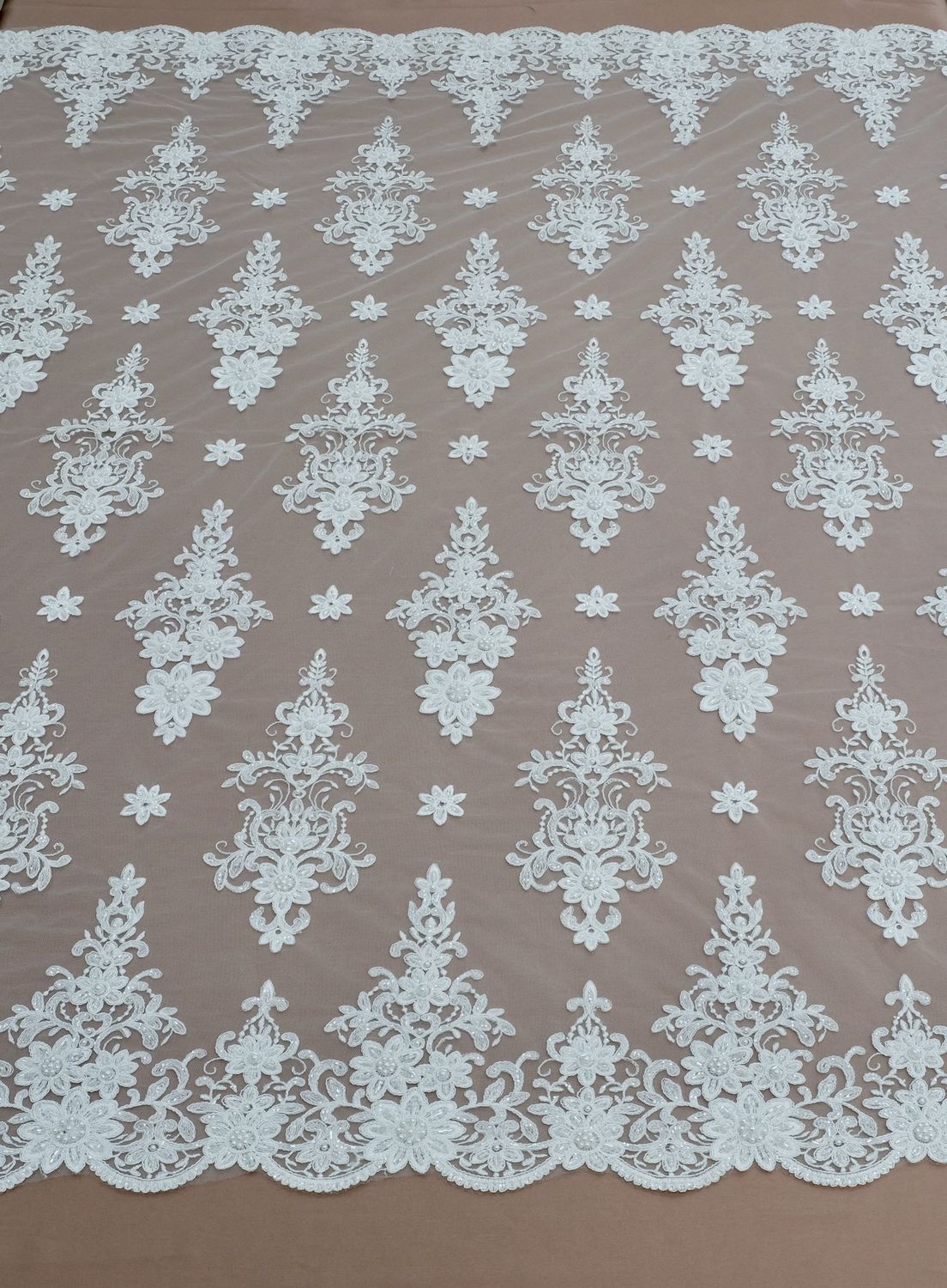 Wedding Dress Fabric Tulle Embroidered Beaded Corded/137cm/5g/WHITE per Meter