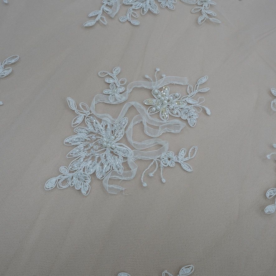 Wedding Dress Fabric [ TUEBR-ROR1147-1 ] Tulle beaded ribbon -137w- White per Meter