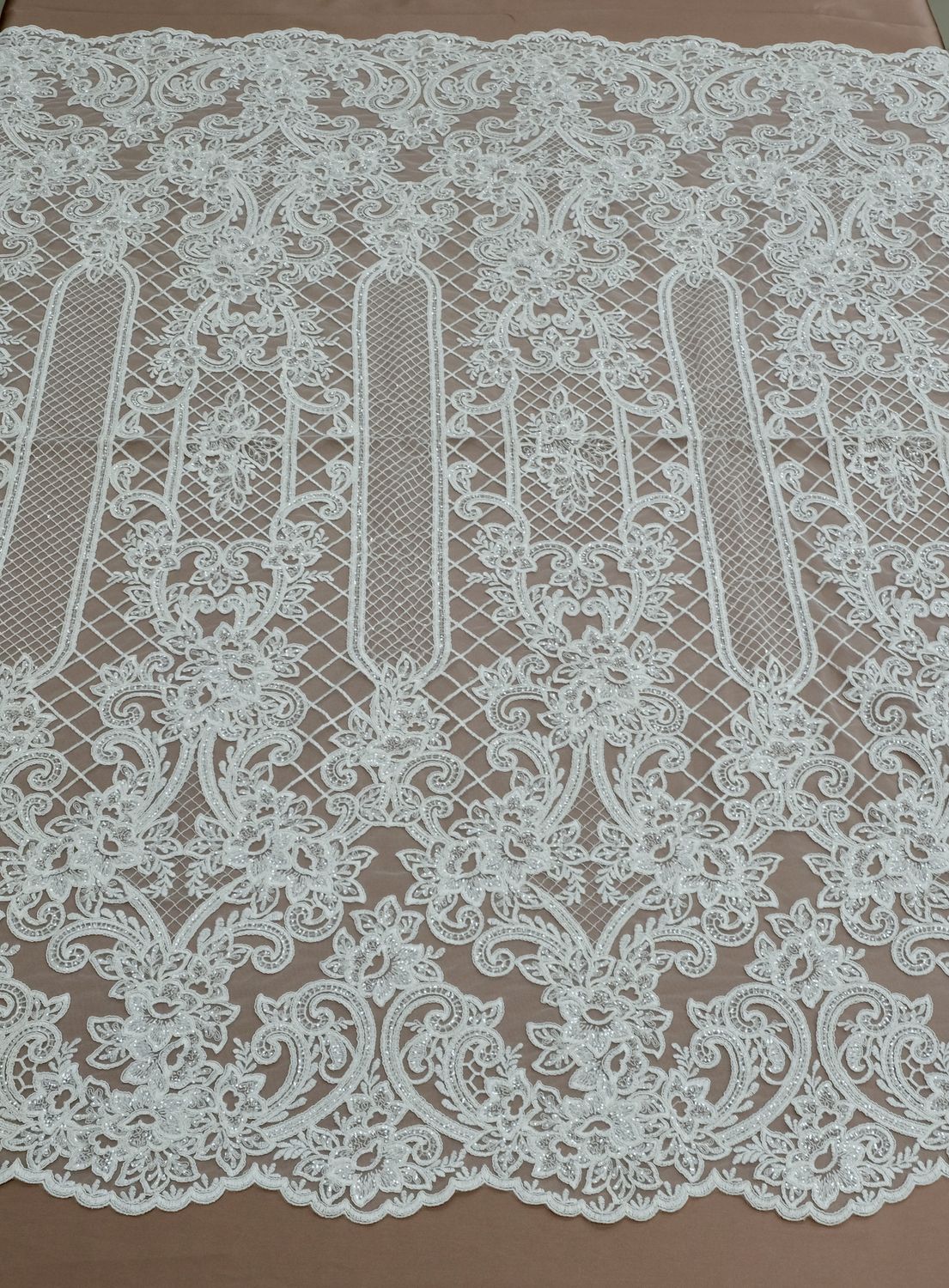 Wedding Dress Fabric Tulle Embroidered Beaded Corded/137cm/5g/Cream per Meter