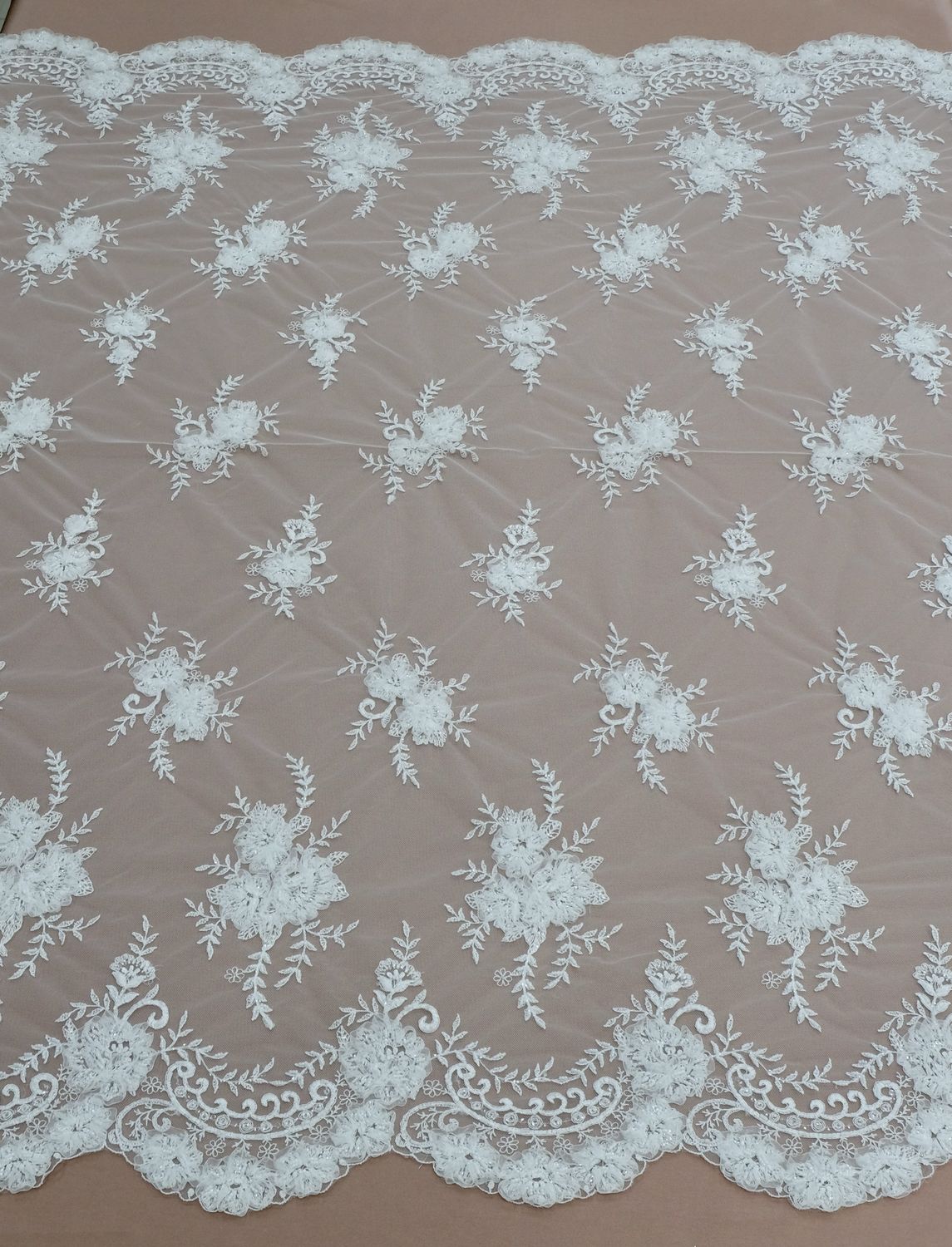 Wedding Dress Fabric [ TLEB-WT-4913 ] Tulle Lace Emb Beaded 132 - White per Meter