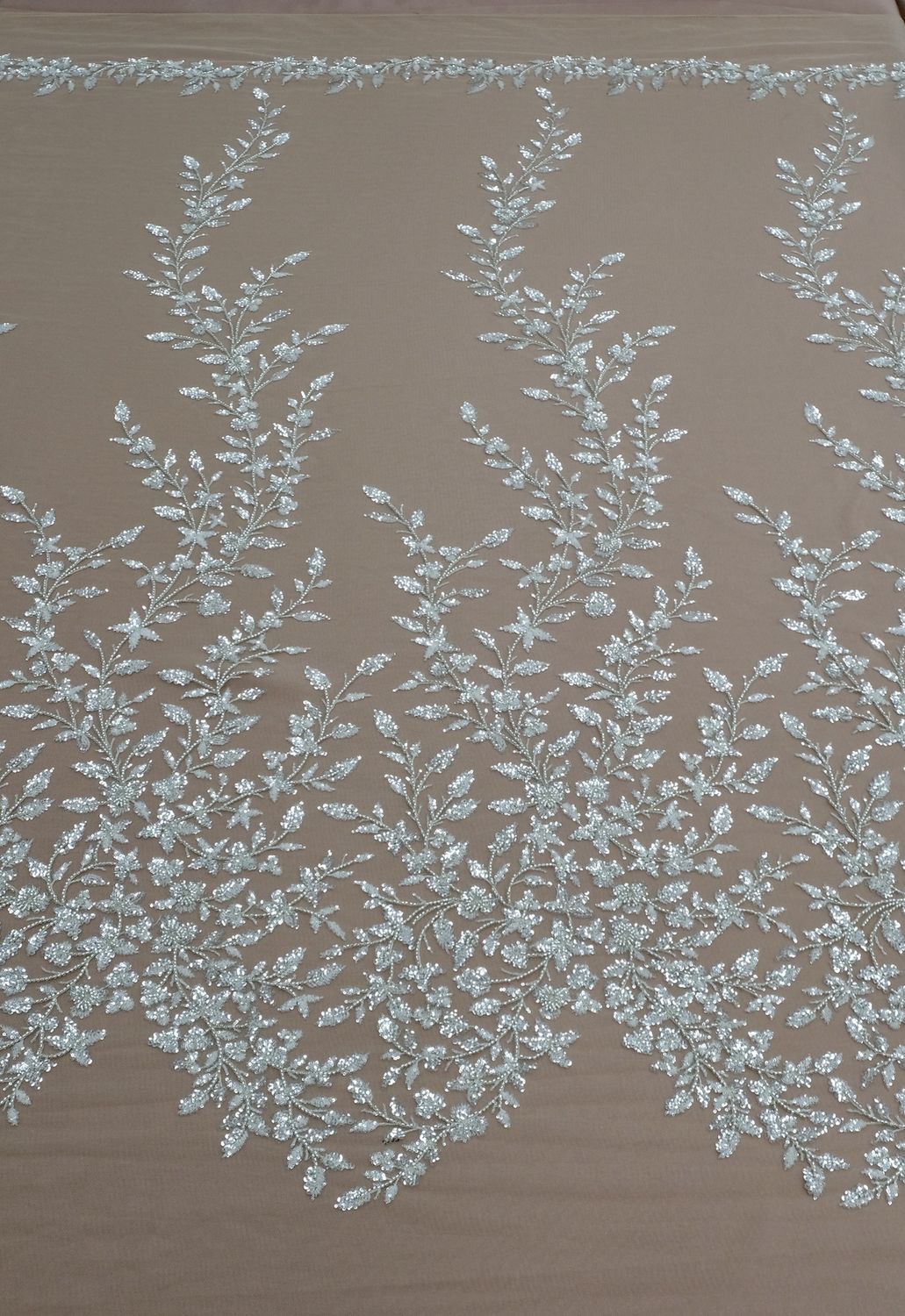 Dress Fabric [ 25259 ] Tulle Emb Beaded-137-15-Skin Silver per Meter