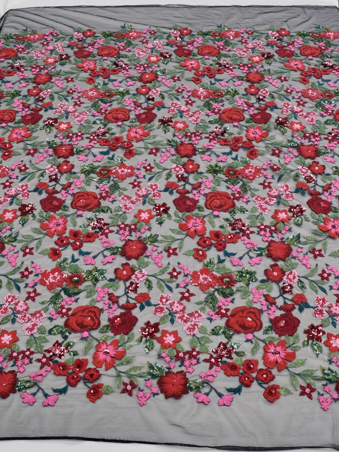 Dress Fabric [ 25012 ] Tulle Emb Beaded-GZ-39588-137-Black w/ Red-03 per Meter