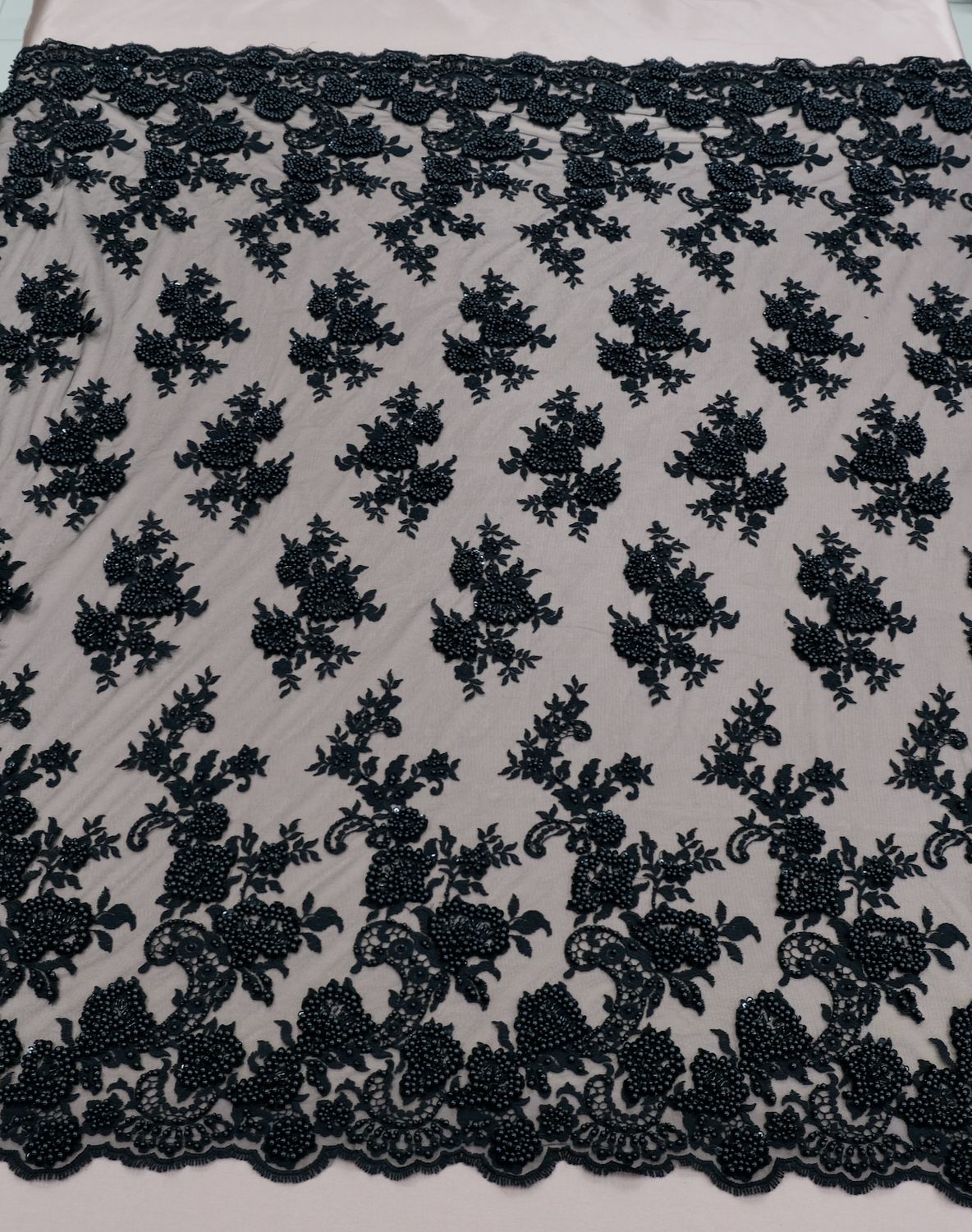 Dress Fabric [ TEB-ES-5885-B ] TulleEmbBeadCordDoub Border 137cm-Black per Meter