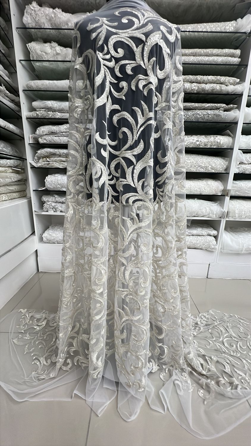 Wedding Dress Fabric [ 23279 ] Tulle Embroidered Beaded Metallic-137-WHITE per Meter